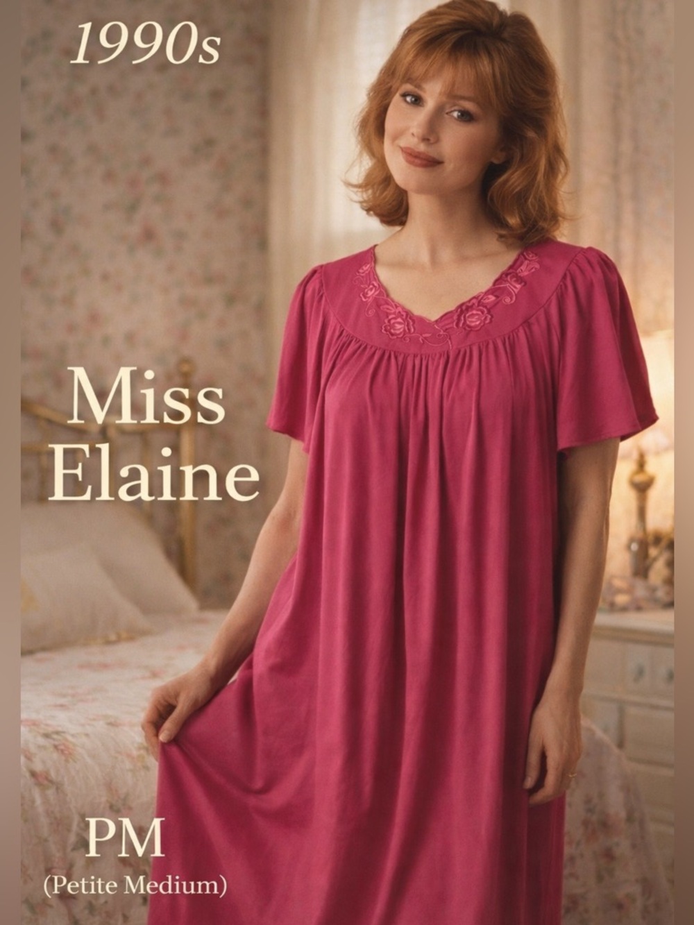 Miss Elaine Raspberry Pink Nightgown PM Petite Embroidered Yoke